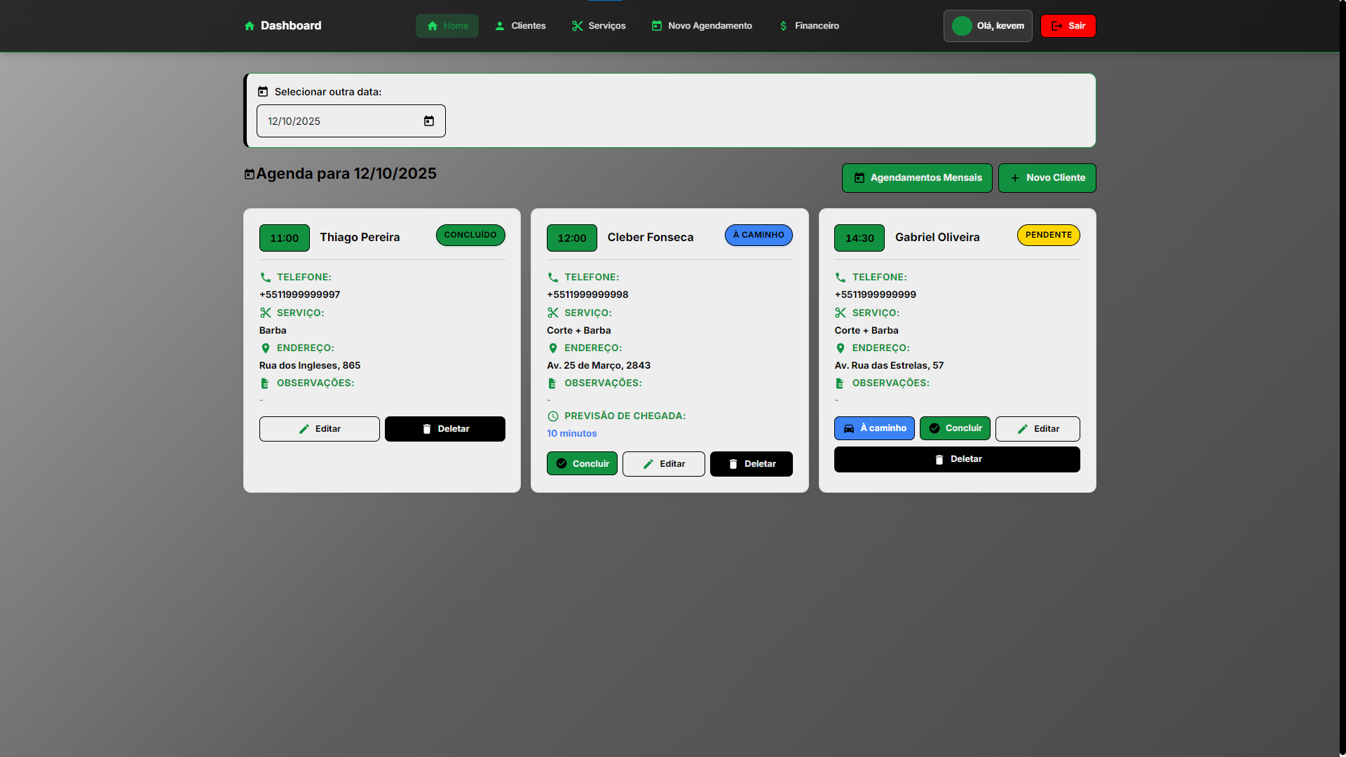 Dashboard do Sistema de Agendamentos